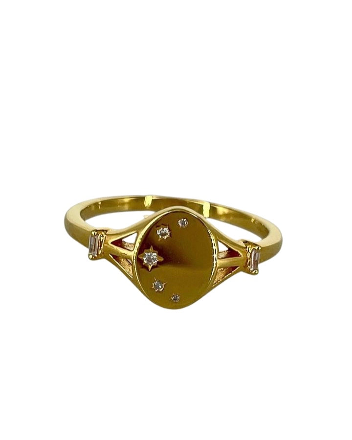 Celestial Starburst Dainty Minimalist Oval Signet Ring 18K Gold Vermeil