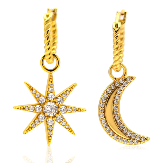 Celestial Moon & Star Pavé Charm Hoop Earrings 18K Gold Vermeil