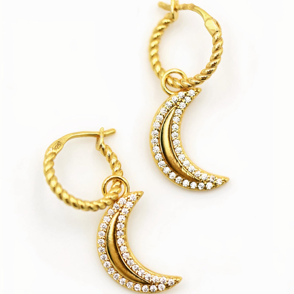Selena Crescent Moon Pavé Charm Hoop Earrings 18ct Gold Vermeil