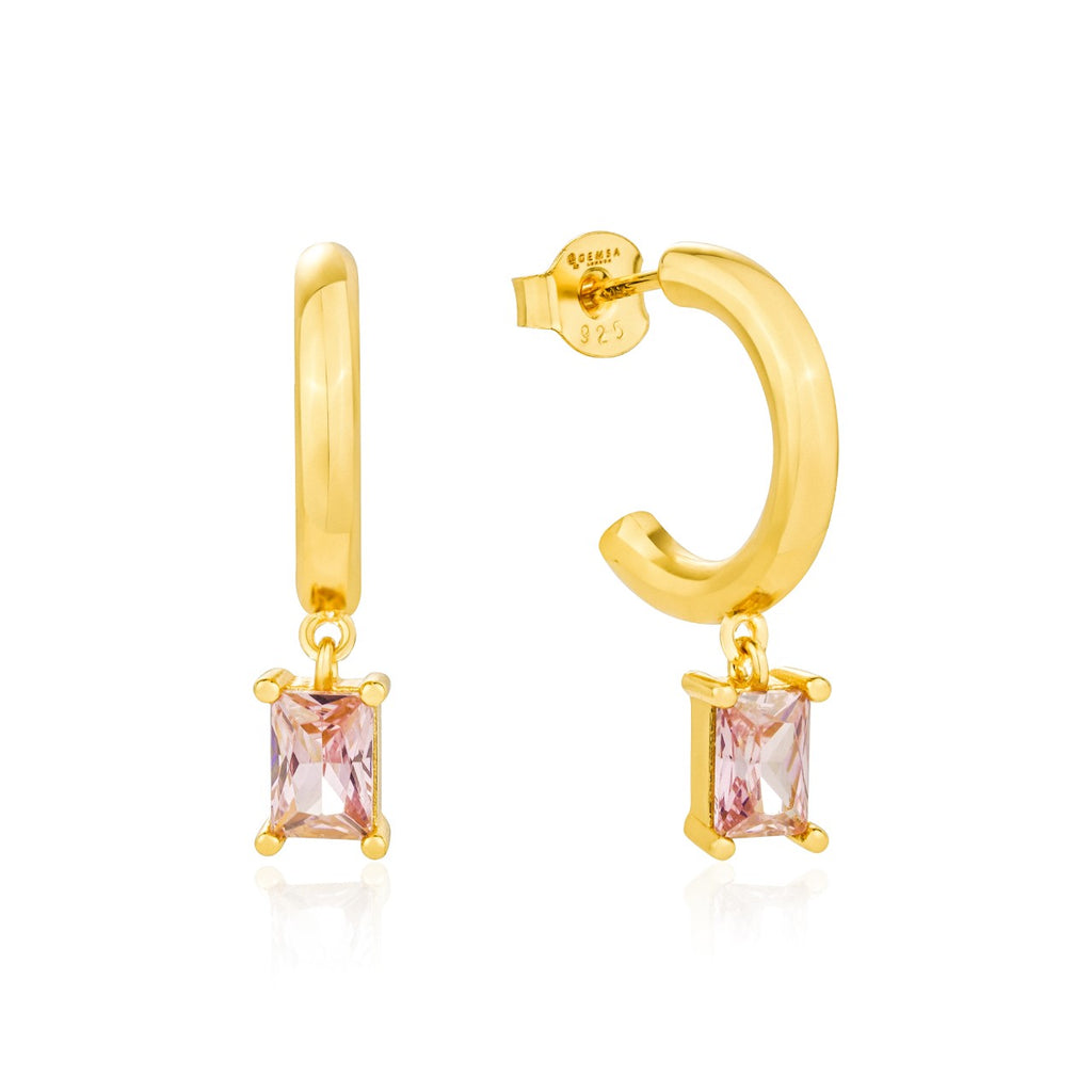 Pink Candy Baguette Charm Hoop Earrings 18ct Gold on Sterling Silver