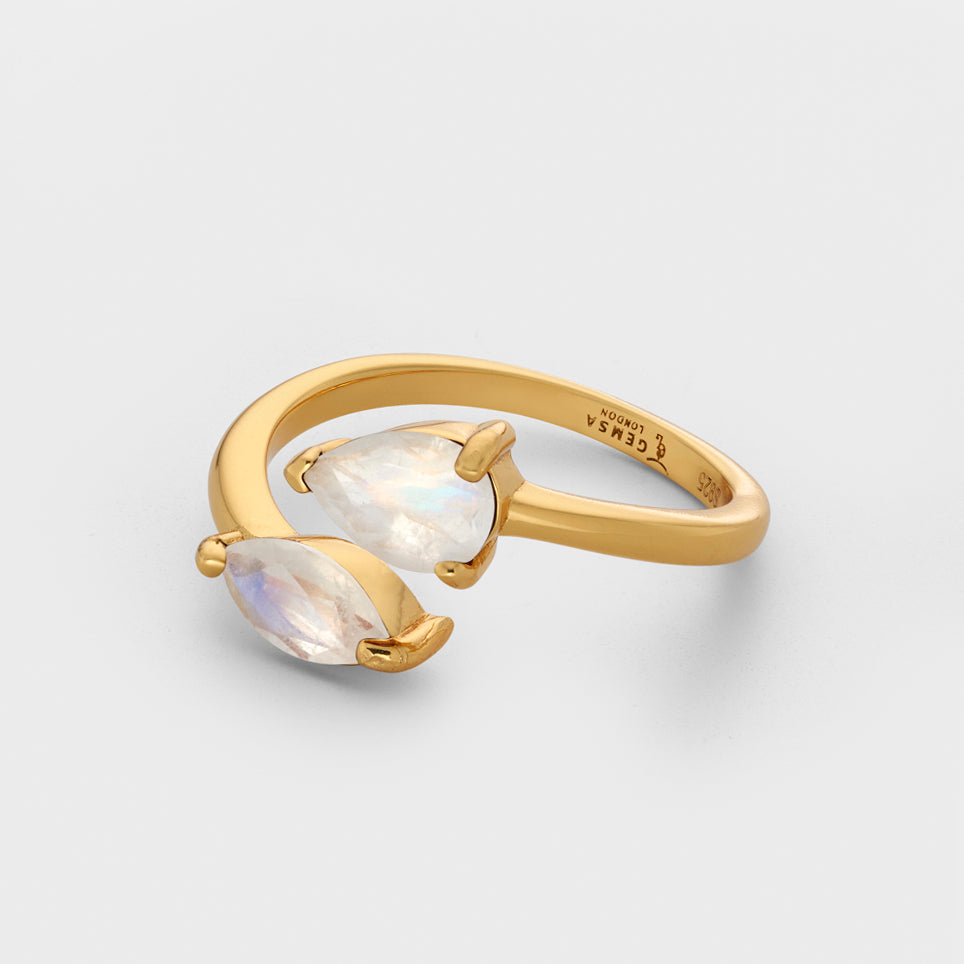 Ayla Natural Double Moonstone Marquise X Pear Adjustable Ring 18K Gold Vermeil