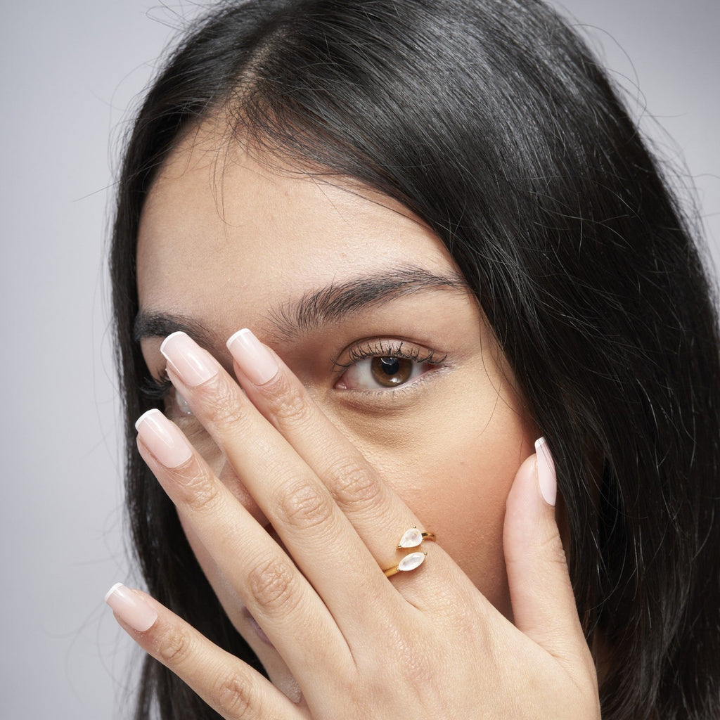 Ayla Natural Double Moonstone Marquise X Pear Adjustable Ring 18K Gold Vermeil