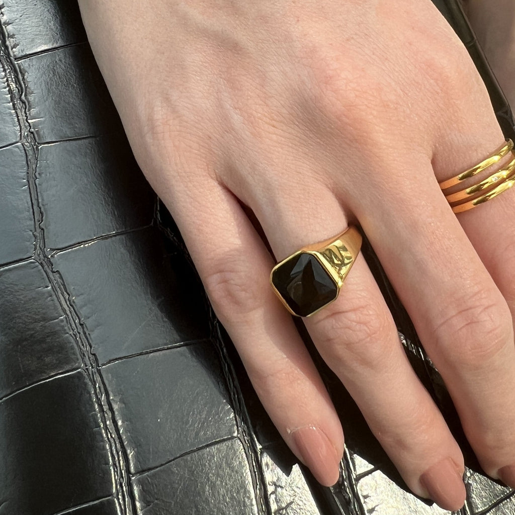 Elite Bold Black Statement  Signet Ring 18K Gold Vermeil