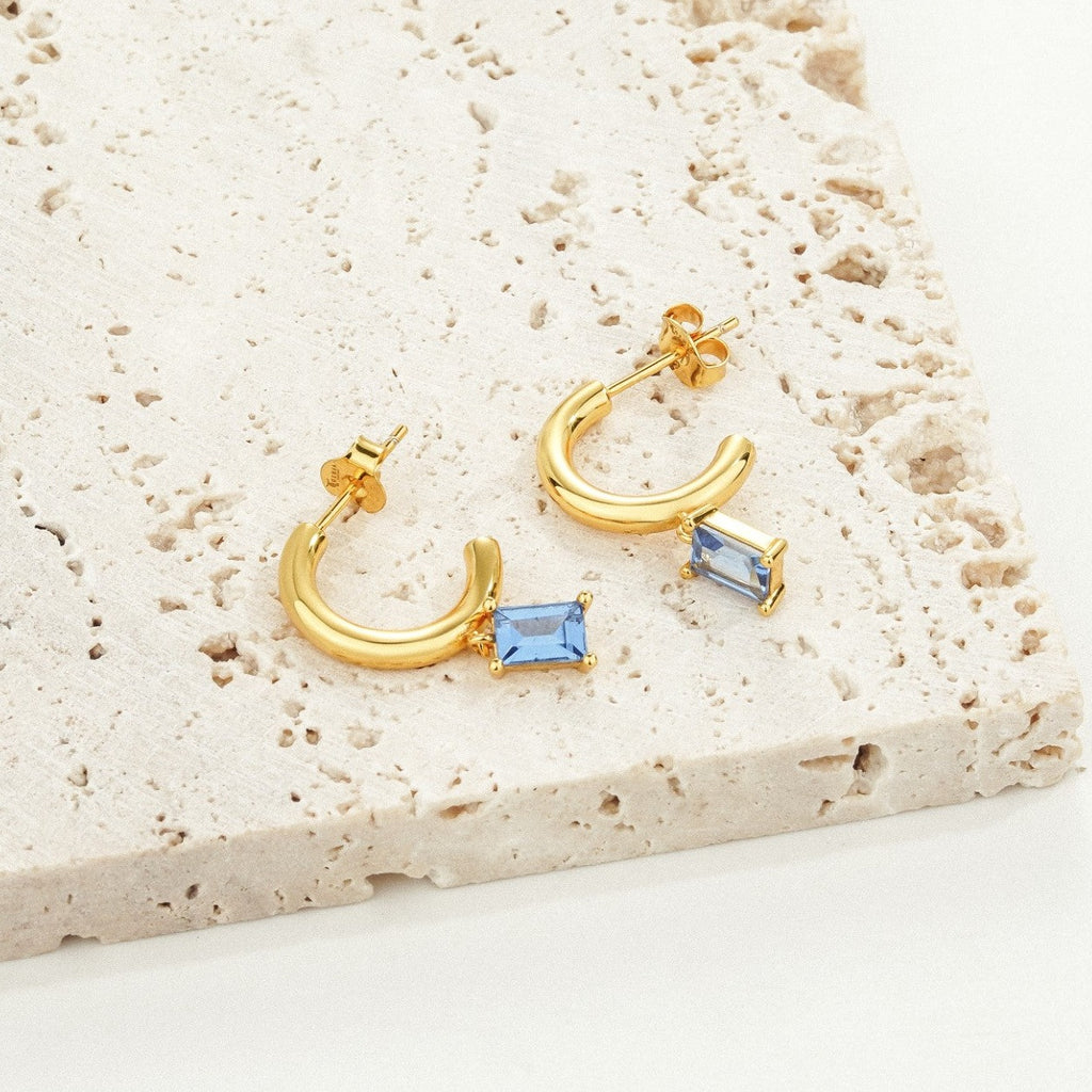 Blue Candy Baguette Charm Hoop Earrings 18ct Gold on Sterling Silver