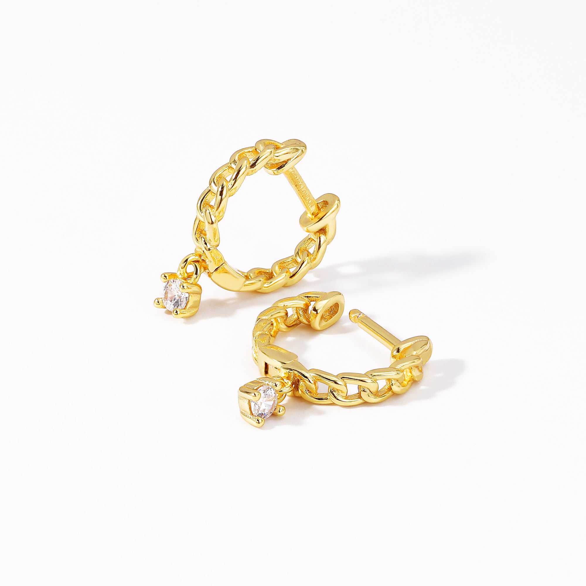 Lilly Link Chain Zirconia drop Mini Hoop Huggies Earrings 14ct Gold on Sterling Silver