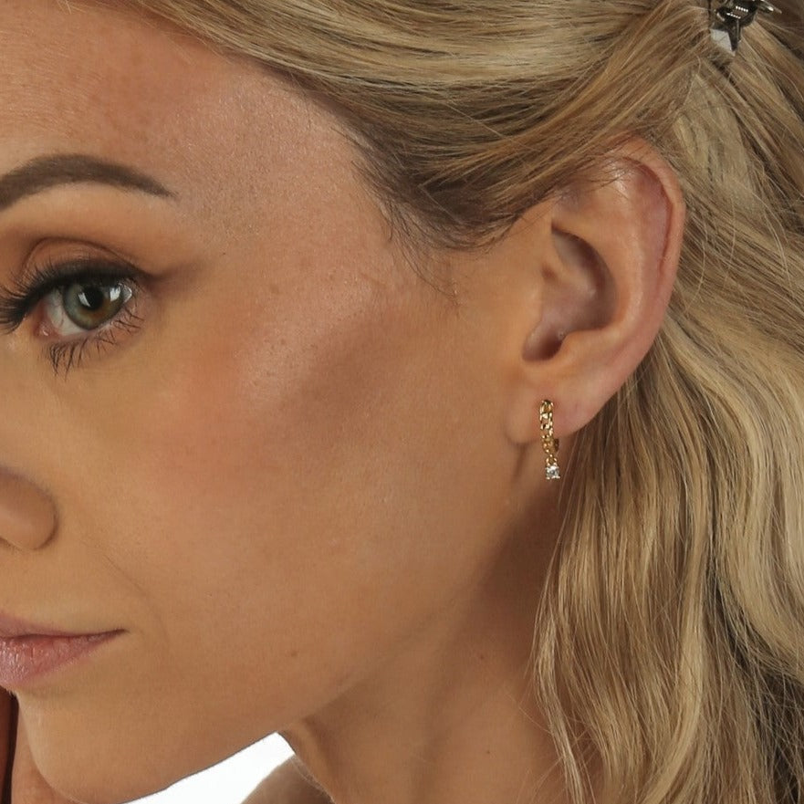 Lilly Link Chain Zirconia drop Mini Hoop Huggies Earrings 14ct Gold on Sterling Silver