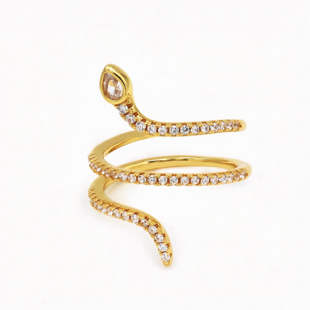 Cleopatra Twice Coiled Zirconia Pavé Snake Ring 18ct Gold on Sterling Silver