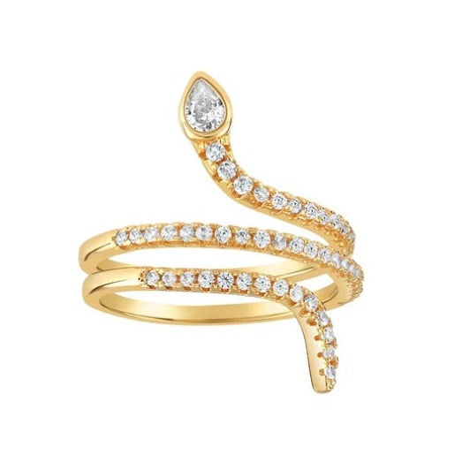 Cleopatra Twice Coiled Zirconia Pavé Snake Ring 18ct Gold on Sterling Silver