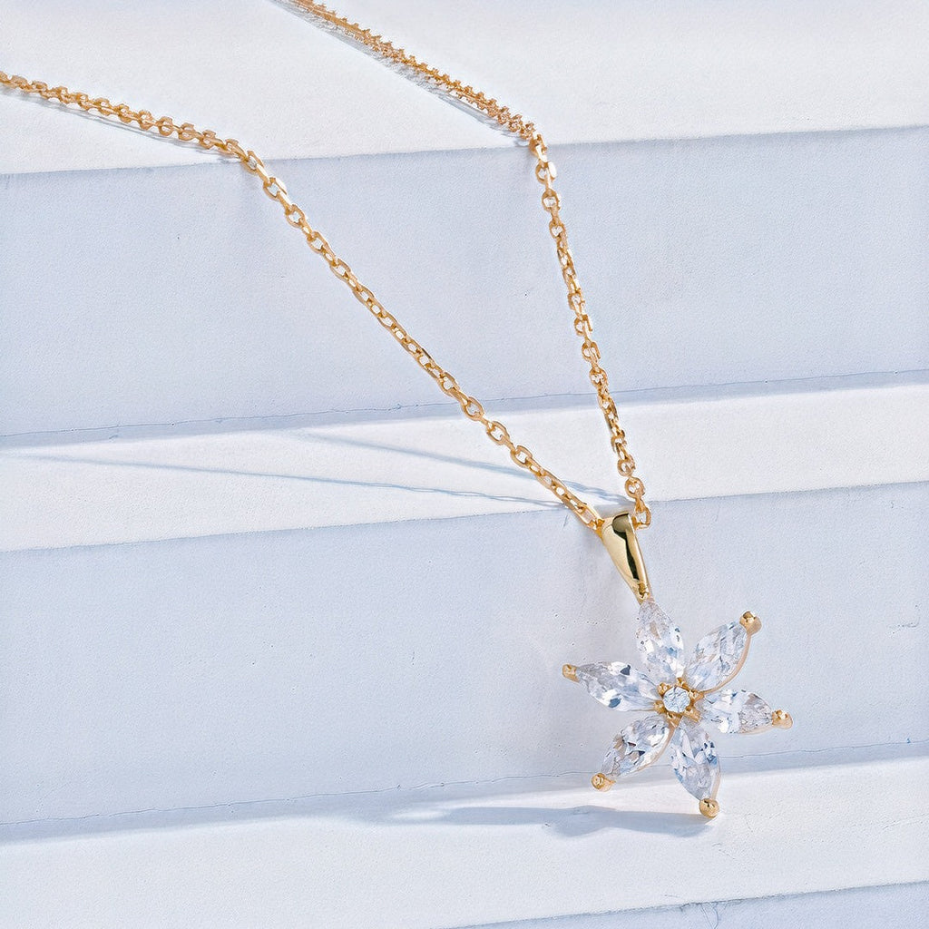 Daisy Flower Marquise Petal Zirconia Pendant Necklace 18ct Gold on Sterling Silver