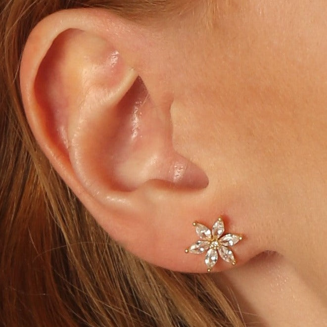 Daisy Flower Marquise Petal Zirconia Stud Earrings 18ct Gold on Sterling Silver