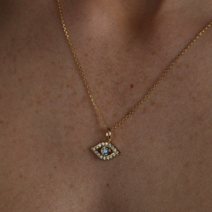 Talisman Evil Eye Luck Zirconia Charm Pendant Necklace 18ct Gold on Sterling Silver