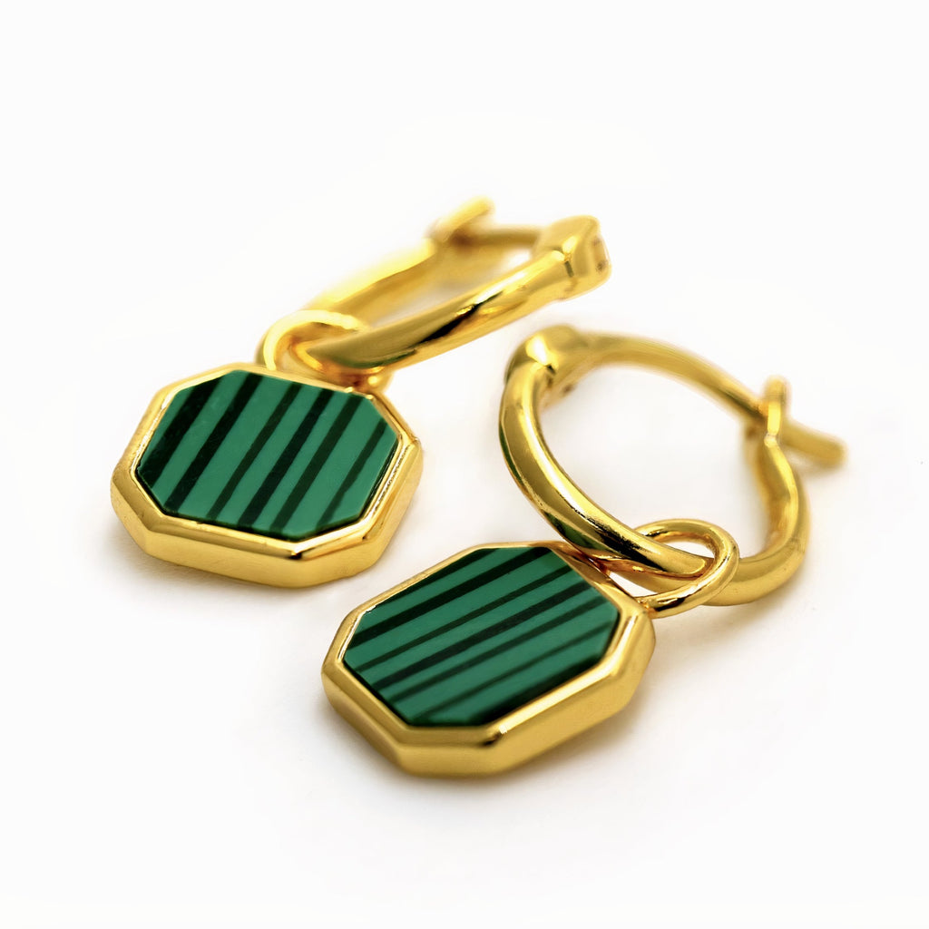 Good Vibes Malachite Charm 18ct Hoop Earrings Gold Vermeil