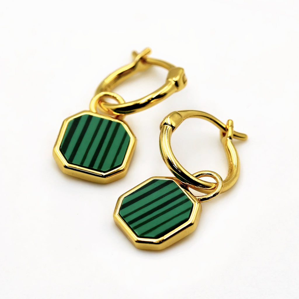 Good Vibes Malachite Charm 18ct Hoop Earrings Gold Vermeil