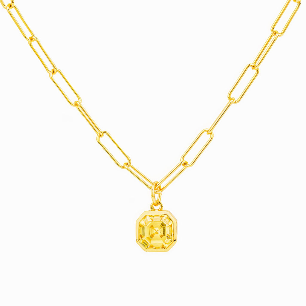 Bella Paperclip Chain Necklace Gold Vermeil with Asscher cut CZ Charm Pendant 