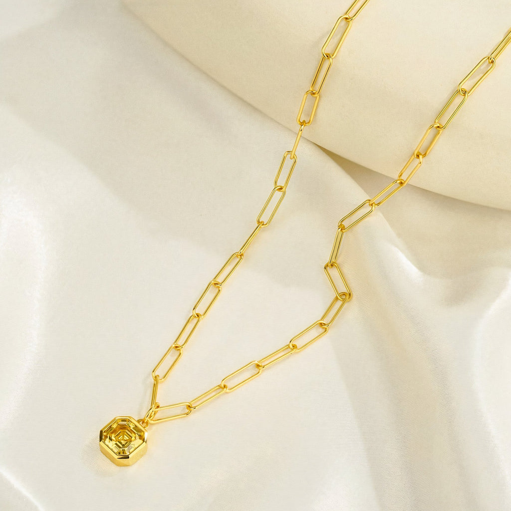 Bella Paperclip Chain Necklace Gold Vermeil with Asscher cut CZ Charm Pendant 