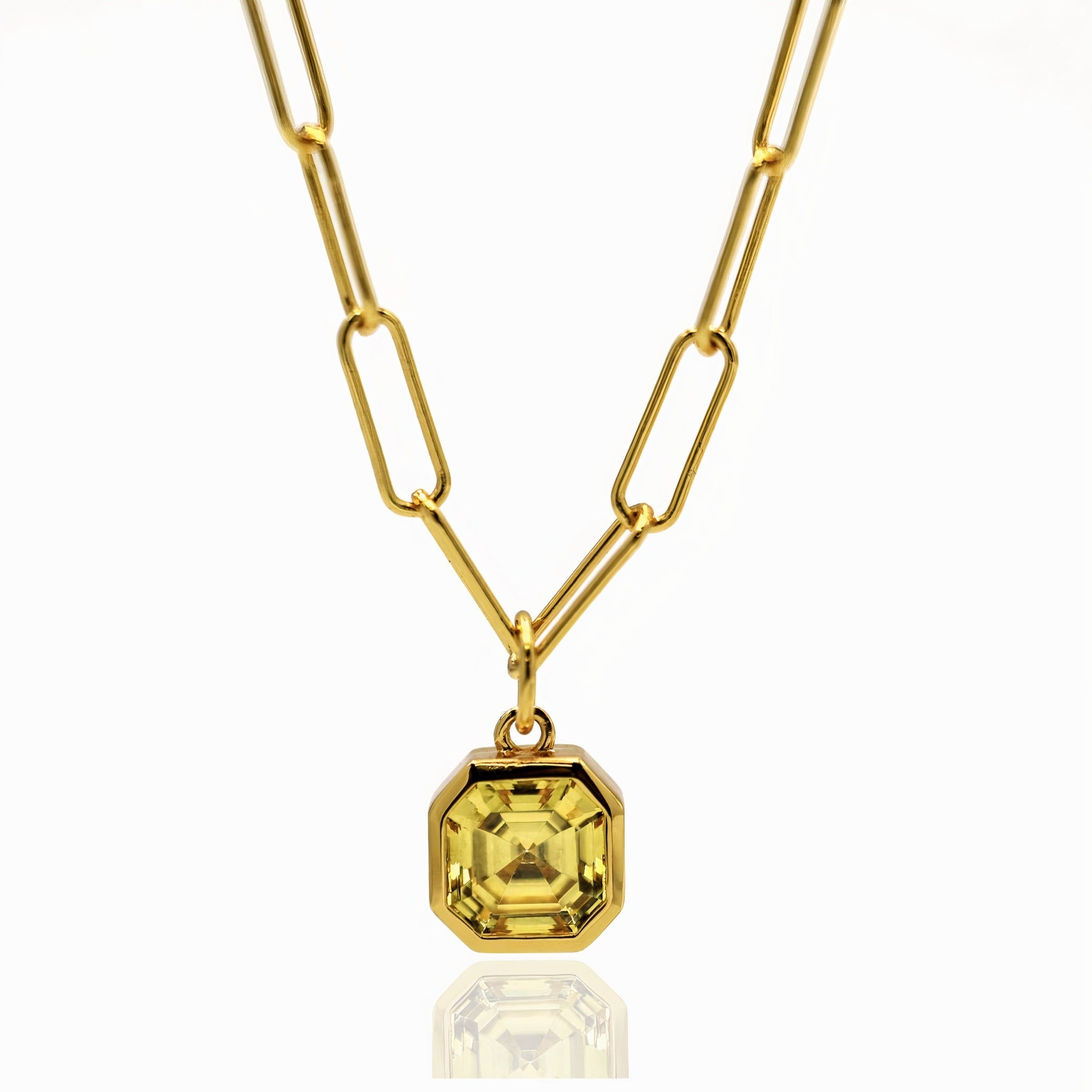 Bella Paperclip Chain Necklace Gold Vermeil with Asscher cut CZ Charm Pendant 