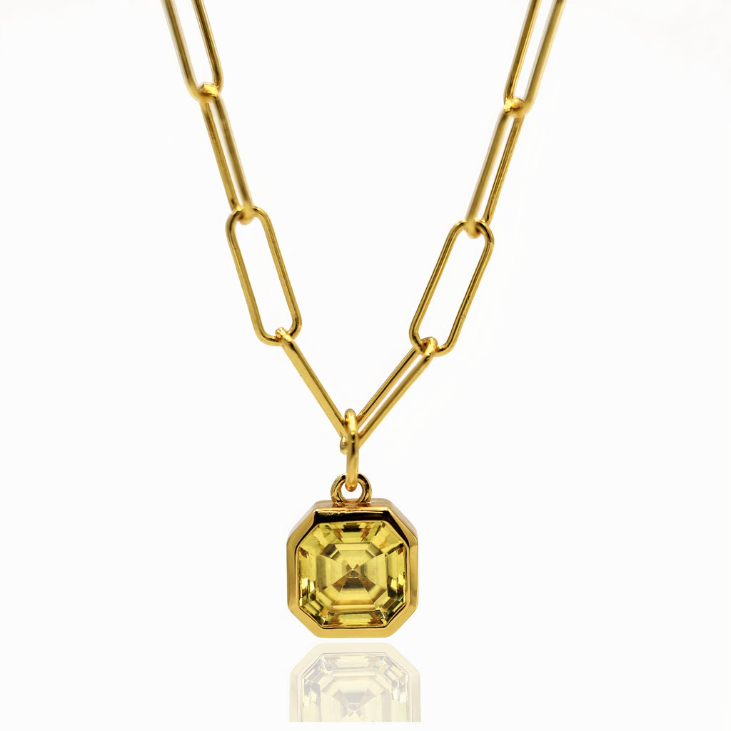 Bella Paperclip Chain Necklace Gold Vermeil with Asscher cut CZ Charm Pendant 