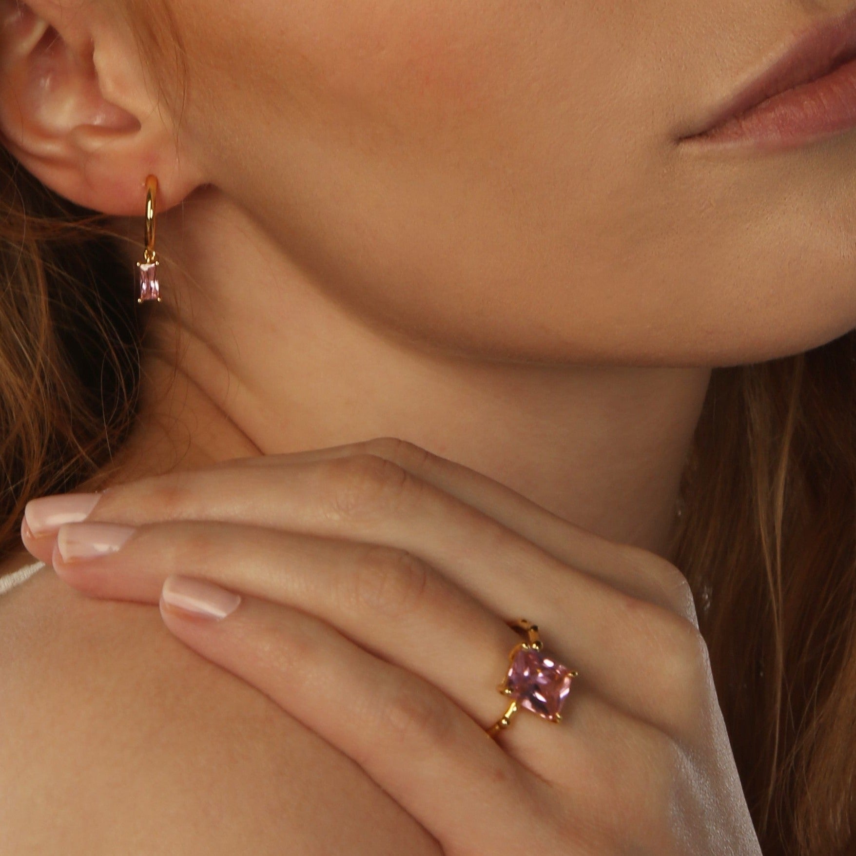 Pink Candy Baguette Charm Hoop Earrings 18ct Gold on Sterling Silver