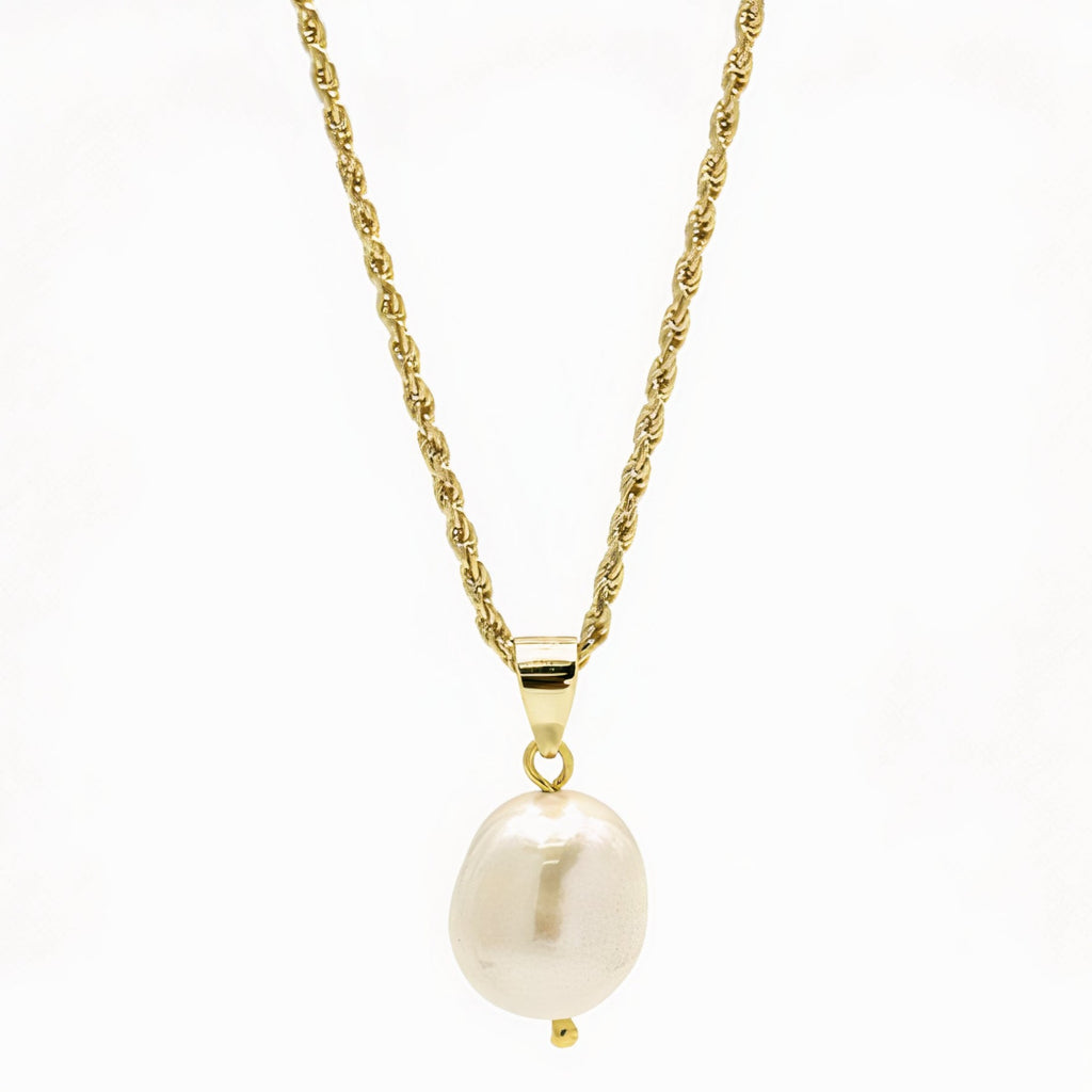 Power Pearl Fresh Water Cultured Baroque Pearl Drop Pendant Necklace 14ct Gold on Sterling Silver with Rope Chain