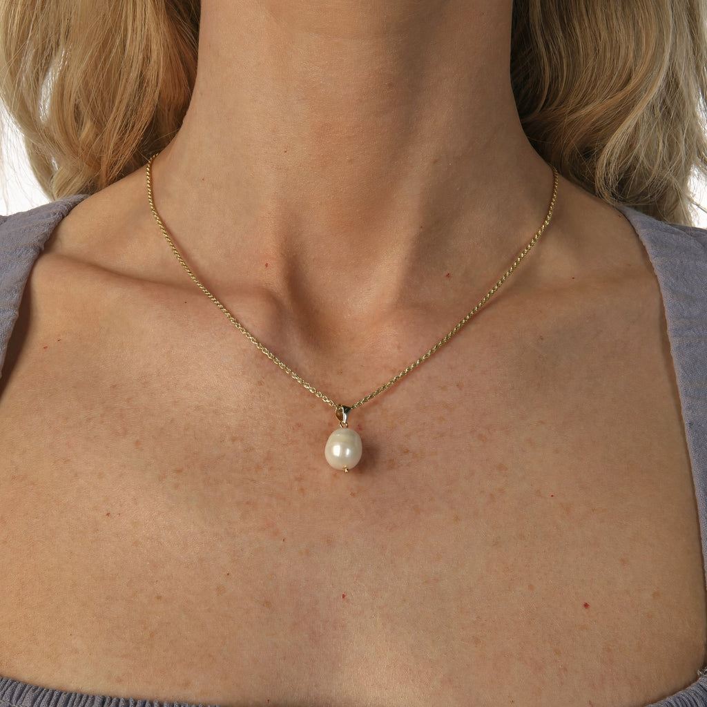Power Pearl Fresh Water Cultured Baroque Pearl Drop Pendant Necklace 14ct Gold on Sterling Silver with Rope Chain