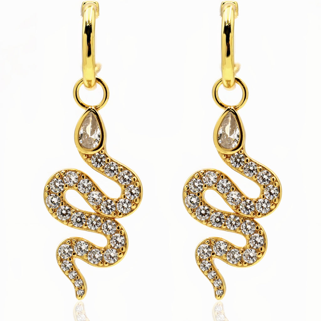 Cleopatra Coiled Snake Zirconia Pavé Charm 18ct Gold Vermeil Drop Hoop Earrings