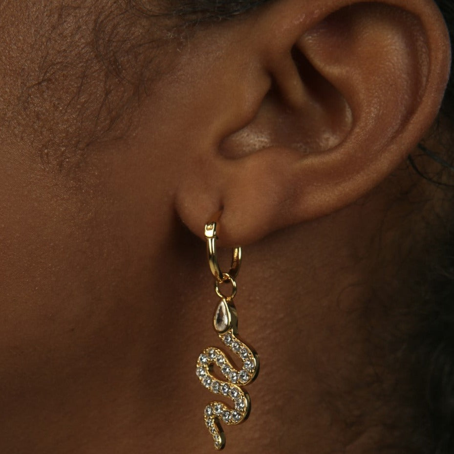 Cleopatra Coiled Snake Zirconia Pavé Charm 18ct Gold Vermeil Drop Hoop Earrings