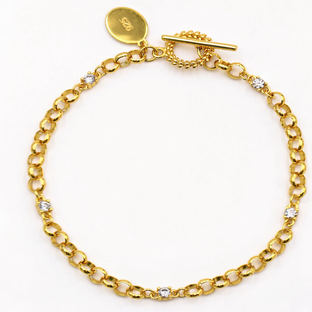 Chicago T-BAR Belcher Rolo Chain with Zirconia 18ct Gold Vermeil Bracelet